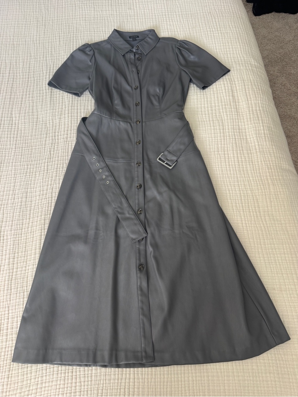 Ann Taylor Charcoal Gray Faux Leather Belted Midi Shirt Dress